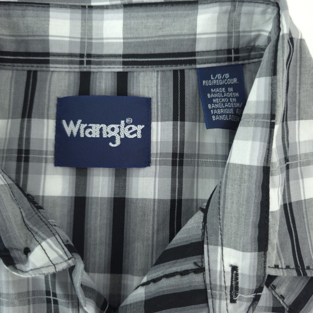 Wrangler Western Shirt Mens L Black Plaid Pearl‎ Snap Short Sleeve MVG325K Rodeo - Picture 8 of 11